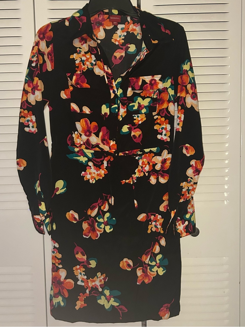 Merona Black Long-Sleeve Floral Shirt Dress